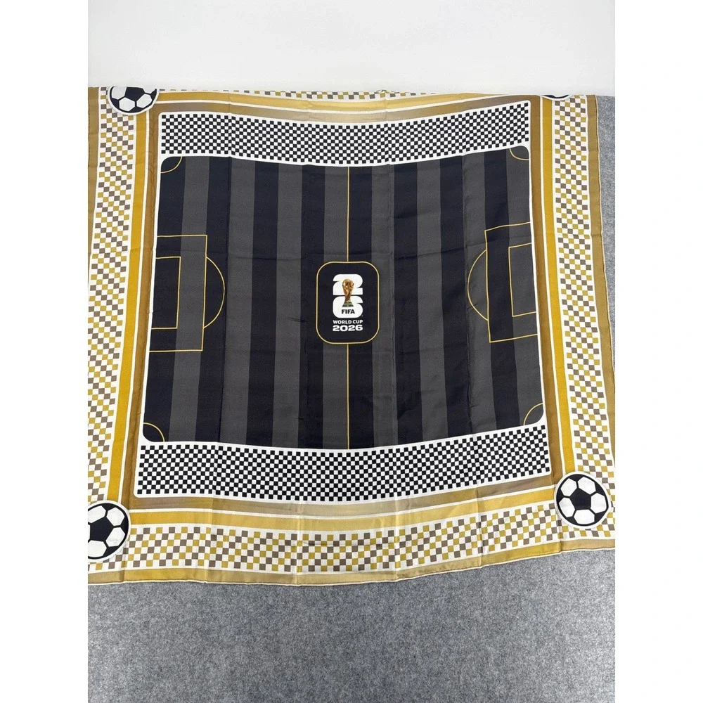 FIFA World Cup 2026 Official Silk Scarf Soccer Pitch Graphic Black Gold 34x34